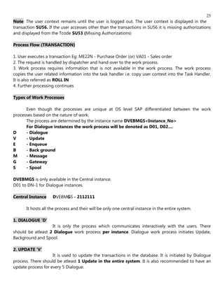 25
Note: The user context remains until the user is logged out. The user context is displayed in the
transaction SU56. If the user accesses other than the transactions in SU56 it is missing authorizations
and displayed from the Tcode SU53 (Missing Authorizations)

Process Flow (TRANSACTION)

1. User executes a transaction Eg: ME22N - Purchase Order (or) VA01 - Sales order
2. The request is handled by dispatcher and hand over to the work process.
3. Work process requires information that is not available in the work process. The work process
copies the user related information into the task handler i.e. copy user context into the Task Handler.
It is also referred as ROLL IN
4. Further processing continues

Types of Work Processes

      Even though the processes are unique at OS level SAP differentiated between the work
processes based on the nature of work.
      The process are determined by the instance name DVEBMGS<Instance_No>
      For Dialogue instances the work process will be denoted as D01, D02....
D     - Dialogue
V     - Update
E     - Enqueue
B     - Back ground
M     - Message
G     - Gateway
S     - Spool

DVEBMGS is only available in the Central instance.
D01 to DN-1 for Dialogue instances.

Central Instance    DVEBMGS - 2112111

      It hosts all the process and their will be only one central instance in the entire system.

1. DIALOGUE 'D'
                   It is only the process which communicates interactively with the users. There
should be atleast 2 Dialogue work process per instance. Dialogue work process initiates Update,
Background and Spool.

2. UPDATE 'V'
                    It is used to update the transactions in the database. It is initiated by Dialogue
process. There should be atleast 1 Update in the entire system. It is also recommended to have an
update process for every 5 Dialogue.
 
