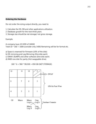 252




Ordering the Hardware

Do not order the sizing output directly, you need to

1. Calculate the OS, DB and other applications utilization.
2. Database growth for the next three years
3. Storage size should be net storage/ not gross storage.

Example.

A company buys 10 HDD of 160GB
Total 10 * 160 = 1600 (consider only 1400) Remaining will be for format etc.

a) Space is reserved for firmware (10% of the disk)
b) OS mirroring and Log Mirroring (One disk each)
c) SWAP, DUMPS and other software (One disk each)
d) RAID one disk for parity (Hot swappable drive)

       160 * 6 = 960 * 90/100 = 850 GB (NET STORAGE)
 