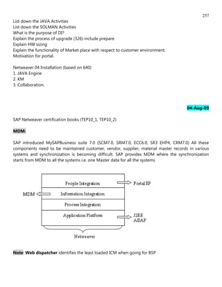 257
List down the JAVA Activities
List down the SOLMAN Activities
What is the purpose of DI?
Explain the process of upgrade (326) include prepare
Explain HW sizing
Explain the functionality of Market place with respect to customer environment.
Motivation for portal.

Netweaver 04 Installation (based on 640)
1. JAVA Engine
2. KM
3. Collaboration.




                                                                                    04-Aug-09

SAP Netweaver certification books (TEP10_1, TEP10_2)

MDM:

SAP introduced MySAPBusiness suite 7.0 (SCM7.0, SRM7.0, ECC6.0, SR3 EHP4, CRM7.0) All these
components need to be maintained customer, vendor, supplier, material master records in various
systems and synchronization is becoming difficult. SAP provides MDM where the synchronization
starts from MDM to all the systems i.e. one Master data for all the systems




Note: Web dispatcher identifies the least loaded ICM when going for BSP
 