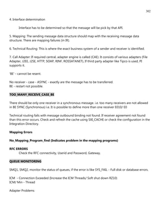 302

4. Interface determination

       Interface has to be determined so that the message will be pick by that API.

5. Mapping: The sending message data structure should map with the receiving message data
structure. There are mapping failures (in IR).

6. Technical Routing: This is where the exact business system of a sender and receiver is identified.

7. Call Adapter: If required central, adapter engine is called (CAE). It consists of various adapters (File
Adapter, J2EE, J2SE, HTTP, SOAP, RINF, ROSSATANET), If third party adapter like Tipco is used, PI
supports it.

'BE' - cannot be resent.

No receiver - case - ASYNC - exactly are the message has to be transferred.
BE - restart not possible.

TOO_MANY_RECEIVE_CASE_BE

There should be only one receiver in a synchronous message. i.e. too many receivers are not allowed
in BE SYNC (Synchronous) i.e. It is possible to define more than one receiver E010/ E0

Technical routing fails with message outbound binding not found. If receiver agreement not found
than this error occurs. Check and refresh the cache using SXI_CACHE or check the configuration in the
Integration Directory.

Mapping Errors

No_Mapping_Program_find (Indicates problem in the mapping programs)

RFC ERRORS
      Check the RFC connectivity, Userid and Password, Gateway.

QUEUE MONITORING

SMQ1, SMQ2, monitor the status of queues, if the error is like SYS_FAIL - Full disk or database errors.

ICM - Connection Exceeded (Increase the ICM Threads/ Soft shut down RZ10)
ICM/ Min - Thread

Adapter Problems
 