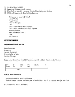 306
14. High Level Security (SOX)
15. Supports all third party tools mobile...
16. IS Textile, Pharmacy, Oil, Insurance, Chemical, Fabrication and Banking
17. SMB (Small Customers) - Small Midsize Business

       BI (Netweaver) latest in BI Suite7
       Notes / Packs
       Support Packs
       Solution Manager
       EHP
       Good Feedback from the customers
       Good service provider from service.sap.com
       Internet/ Intranet
       http://<hostname>:8000
       EWA
       MCOD/ OLTP

BASIS NETWEAVER

Requirements in the Market

Basis Consultant
Netweaver
Security Consultant
Enterprise Portal Tech
Solution Manager

Basis: A foundation layer for all SAP systems and with out Basis there is no SAP System




Role of the Basis Admin

1. Installation of all the above components
2. Post Installation Activities + Specific post installation for (CRM, XI, BI, Solution Manager and CRM)

ECC- Enterprise Central Component
 