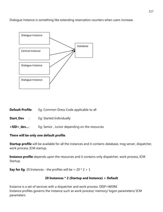 327

Dialogue instance is something like extending reservation counters when users increase.



        Dialogue Instance


                                                  Database
        Central Instance



        Dialogue Instance



        Dialogue Instance




Default Profile:      Eg: Common Dress Code applicable to all

Start_Dev     :       Eg: Started Individually

<SID>_dev... :        Eg: Senior , Junior depending on the resources

There will be only one default profile.

Startup profile will be available for all the instances and it contains database, msg server, dispatcher,
work process, ICM startup.

Instance profile depends upon the resources and it contains only dispatcher, work process, ICM
Startup.

Say for Eg: 20 Instances - the profiles will be = 20 * 2 + 1

                            20 Instances * 2 (Startup and Instance) + Default

Instance is a set of services with a dispatcher and work process. DISP+WORK
Instance profiles governs the instance such as work process/ memory/ logon parameters/ ICM
parameters
 