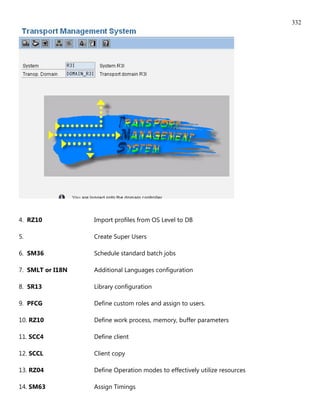 332




4. RZ10           Import profiles from OS Level to DB

5.                Create Super Users

6. SM36           Schedule standard batch jobs

7. SMLT or I18N   Additional Languages configuration

8. SR13           Library configuration

9. PFCG           Define custom roles and assign to users.

10. RZ10          Define work process, memory, buffer parameters

11. SCC4          Define client

12. SCCL          Client copy

13. RZ04          Define Operation modes to effectively utilize resources

14. SM63          Assign Timings
 