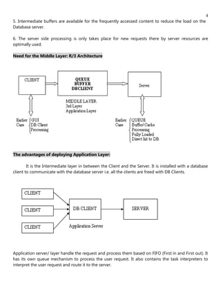 4
5. Intermediate buffers are available for the frequently accessed content to reduce the load on the
Database server.

6. The server side processing is only takes place for new requests there by server resources are
optimally used.

Need for the Middle Layer: R/3 Architecture




The advantages of deploying Application Layer:

        It is the Intermediate layer in between the Client and the Server. It is installed with a database
client to communicate with the database server i.e. all the clients are freed with DB Clients.




Application server/ layer handle the request and process them based on FIFO (First in and First out). It
has its own queue mechanism to process the user request. It also contains the task interpreters to
interpret the user request and route it to the server.
 