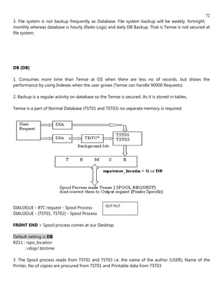 72
3. File system is not backup frequently as Database. File system backup will be weekly, fortnight,
monthly whereas database is hourly (Redo Logs) and daily DB Backup. That is Temse is not secured at
file system.




DB [DB]

1. Consumes more time than Temse at OS when there are less no of records. but shows the
performance by using Indexes when the user grows (Temse can handle 90000 Requests)

2. Backup is a regular activity on database so the Temse is secured. As it is stored in tables.

Temse is a part of Normal Database (TST01 and TST03) no separate memory is required.




DIALOGUE - BTC request - Spool Process            OUT PUT
DIALOGUE - [TST01, TST02] - Spool Process         REQUEST

FRONT END > Spool process comes at our Desktop

Default setting is DB
RZ11 : rspo_location
      : rdisp/ btctime

3. The Spool process reads from TST01 and TST03 i.e. the name of the author (USER), Name of the
Printer, No of copies are procured from TST01 and Printable data from TST03
 
