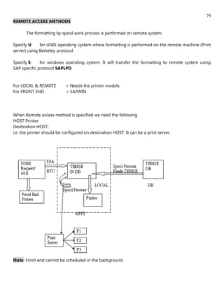 79
REMOTE ACCESS METHODS

       The formatting by spool work process is performed on remote system.

Specify U     for UNIX operating system where formatting is performed on the remote machine (Print
server) using Berkeley protocol.

Specify S     for windows operating system. It will transfer the formatting to remote system using
SAP specific protocol SAPLPD


For LOCAL & REMOTE          > Needs the printer models
For FRONT END               > SAPWIN




When Remote access method is specified we need the following
HOST Printer:
Destination HOST:
i.e. the printer should be configured on destination HOST. It can be a print server.




Note: Front end cannot be scheduled in the background.
 