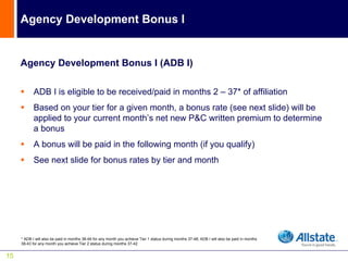 Agency Development Bonus I


     Agency Development Bonus I (ADB I)

            ADB I is eligible to be received/paid in months 2 – 37* of affiliation
            Based on your tier for a given month, a bonus rate (see next slide) will be
            applied to your current month’s net new P&C written premium to determine
            a bonus
            A bonus will be paid in the following month (if you qualify)
            See next slide for bonus rates by tier and month




     * ADB I will also be paid in months 38-49 for any month you achieve Tier 1 status during months 37-48; ADB I will also be paid in months
     38-43 for any month you achieve Tier 2 status during months 37-42


15
 