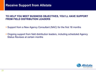 Receive Support from Allstate


     TO HELP YOU MEET BUSINESS OBJECTIVES, YOU’LL HAVE SUPPORT
     FROM FIELD DISTRIBUTION LEADERS


      Support from a New Agency Consultant (NAC) for the first 18 months

      Ongoing support from field distribution leaders, including scheduled Agency
      Status Reviews at certain months




21
 