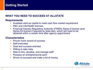 Getting Started


    WHAT YOU NEED TO SUCCEED AT ALLSTATE
    Requirements
          Available start-up capital to meet cash flow market requirement
          P&C and Life/Health licenses
          Financial Industry Regulatory Authority (FINRA) Series 6 license (and
          Series 63 license if required by state law), which will need to be
          obtained within a certain time after agency appointment
    Characteristics
          Proven track record of success
          Self-motivated
          Goal and success-oriented
          Willing to take risks
          Able to hire, develop, and manage staff
          Possess an entrepreneurial spirit
          Driven to succeed and make a lot of money



4
 