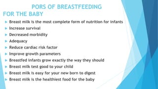 PORS OF BREASTFEEDING
FOR THE BABY
 Breast milk is the most complete form of nutrition for infants
 Increase survival
 Decreased morbidity
 Adequacy
 Reduce cardiac risk factor
 Improve growth parameters
 Breastfed infants grow exactly the way they should
 Breast milk test good to your child
 Breast milk is easy for your new born to digest
 Breast milk is the healthiest food for the baby
 