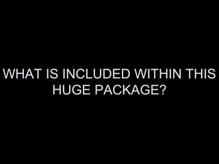 WHAT IS INCLUDED WITHIN THIS
      HUGE PACKAGE?
 