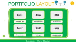 ABOUT US
Windows Client
Excolos.com – Clever Education
PORTFOLIO LAYOUT
1
6
Windows Server Privatpersonen
Unternehmen Anfänger Fortgeschrittene
 