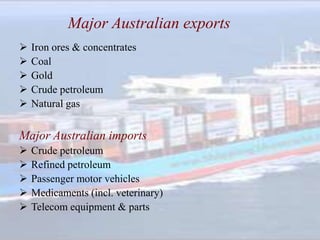 Major Australian exports
   Iron ores & concentrates
   Coal
   Gold
   Crude petroleum
   Natural gas


Major Australian imports
   Crude petroleum
   Refined petroleum
   Passenger motor vehicles
   Medicaments (incl. veterinary)
   Telecom equipment & parts
 