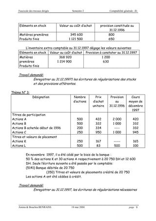 Fascicule des travaux dirigés Semestre 2 Comptabilité générale –II-
Amina & Bouchra BENRAISS 18 mai 2004 page 9
Eléments en stock Valeur au coût d’achat provision constituée au
31.12.1996
Matières premières
Produits finis
345 600
1 121 500
800
650
L’inventaire extra-comptable au 31.12.1997 dégage les valeurs suivantes:
Eléments en stock Valeur au coût d’achat Provision à constater au 31.12.1997
Matières
premières
Produits finis
368 920
1 214 900
1 200
630
Travail demandé:
Enregistrer au 31.12.19971 les écritures de régularisations des stocks
et des provisions afférentes.
Thème N° 3:
Désignation Nombre
d’actions
Prix
d’achat
unitaire
Provision
au
31.12.1996
Cours
moyen de
décembre
1997
Titres de participation
Actions A
Actions B
Actions B achetée début de 1996
Actions C
500
500
200
250
422
322
334
950
2 000
1 000
----
1 000
420
332
332
945
Titres et valeurs de placement
Actions K
Actions L
250
500
167
83
-----
500
165
100
En novembre 1997, il a été cédé par le biais de la banque :
50 % des actions K et 30 actions A respectivement à 20 750 DH et 12 600
DH. Seule l’écriture suivante a été passée par le comptable:
(5141) Banque débitée de 20 750
(350) Titres et valeurs de placements crédité de 20 750
Les actions A ont été cédées à crédit.
Travail demandé:
Enregistrer au 31.12.1997, les écritures de régularisations nécessaires
 