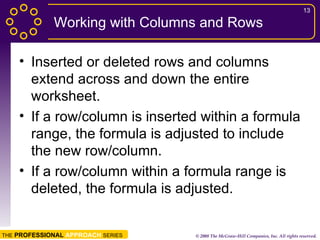 Working with Columns and Rows Inserted or deleted rows and columns extend across and down the entire worksheet. If a row/column is inserted within a formula range, the formula is adjusted to include the new row/column. If a row/column within a formula range is deleted, the formula is adjusted. 