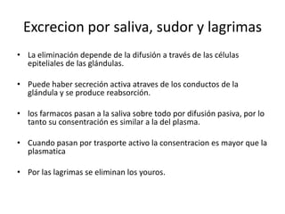 Excreciónpor el estómagointestino y colonPuedeproducirsepor:Trasporteactivo o pasivoLos fármacospuedesreabsorverse de nuevo, por lo tanto la excreción eslenta.Algunas bases débilescomo la morfinapasan del plasma al jugo gástricodonde se ioniza y se acumula.