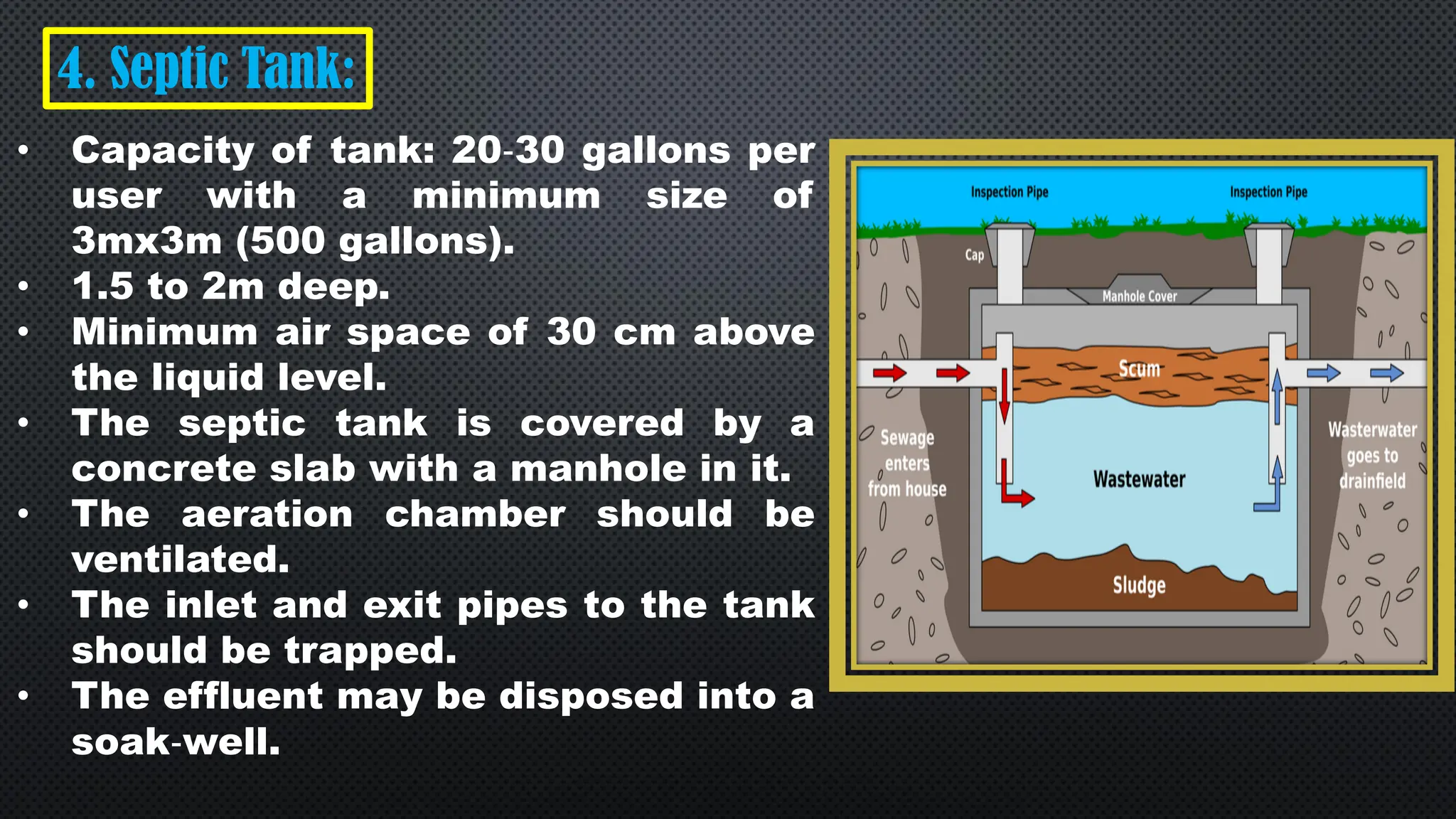 4. Septic Tank:
• Capacity of tank: 20‐30 gallons per
user with a minimum size of
3mx3m (500 gallons).
• 1.5 to 2m deep.
• Minimum air space of 30 cm above
the liquid level.
• The septic tank is covered by a
concrete slab with a manhole in it.
• The aeration chamber should be
ventilated.
• The inlet and exit pipes to the tank
should be trapped.
• The effluent may be disposed into a
soak‐well.
 