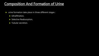 Composition And Formation of Urine
 urine formation take place in three different stages :
 Ultrafiltration,
 Selective Reabsorption,
 Tubular secretion.
 