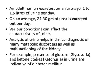 • An adult human excretes, on an average, 1 to
1.5 litres of urine per day.
• On an average, 25-30 gm of urea is excreted
out per day.
• Various conditions can affect the
characteristics of urine.
• Analysis of urine helps in clinical diagnosis of
many metabolic discorders as well as
malfunctioning of the kidney.
• For example, presence of glucose (Glycosuria)
and ketone bodies (Ketonuria) in urine are
indicative of diabetes mellitus.
 