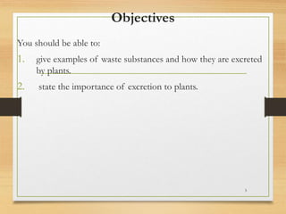 Objectives
You should be able to:
1. give examples of waste substances and how they are excreted
by plants.
2. state the importance of excretion to plants.
3
 
