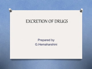 EXCRETION OF DRUGS
Prepared by
G.Hemaharshini
 