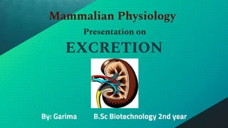 By: Garima B.Sc Biotechnology 2nd year
Mammalian Physiology
Presentation on
EXCRETION
 