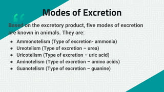 Modes of Excretion
4
Based on the excretory product, five modes of excretion
are known in animals. They are:
● Ammonotelism (Type of excretion- ammonia)
● Ureotelism (Type of excretion – urea)
● Uricotelism (Type of excretion – uric acid)
● Aminotelism (Type of excretion – amino acids)
● Guanotelism (Type of excretion – guanine)
 
