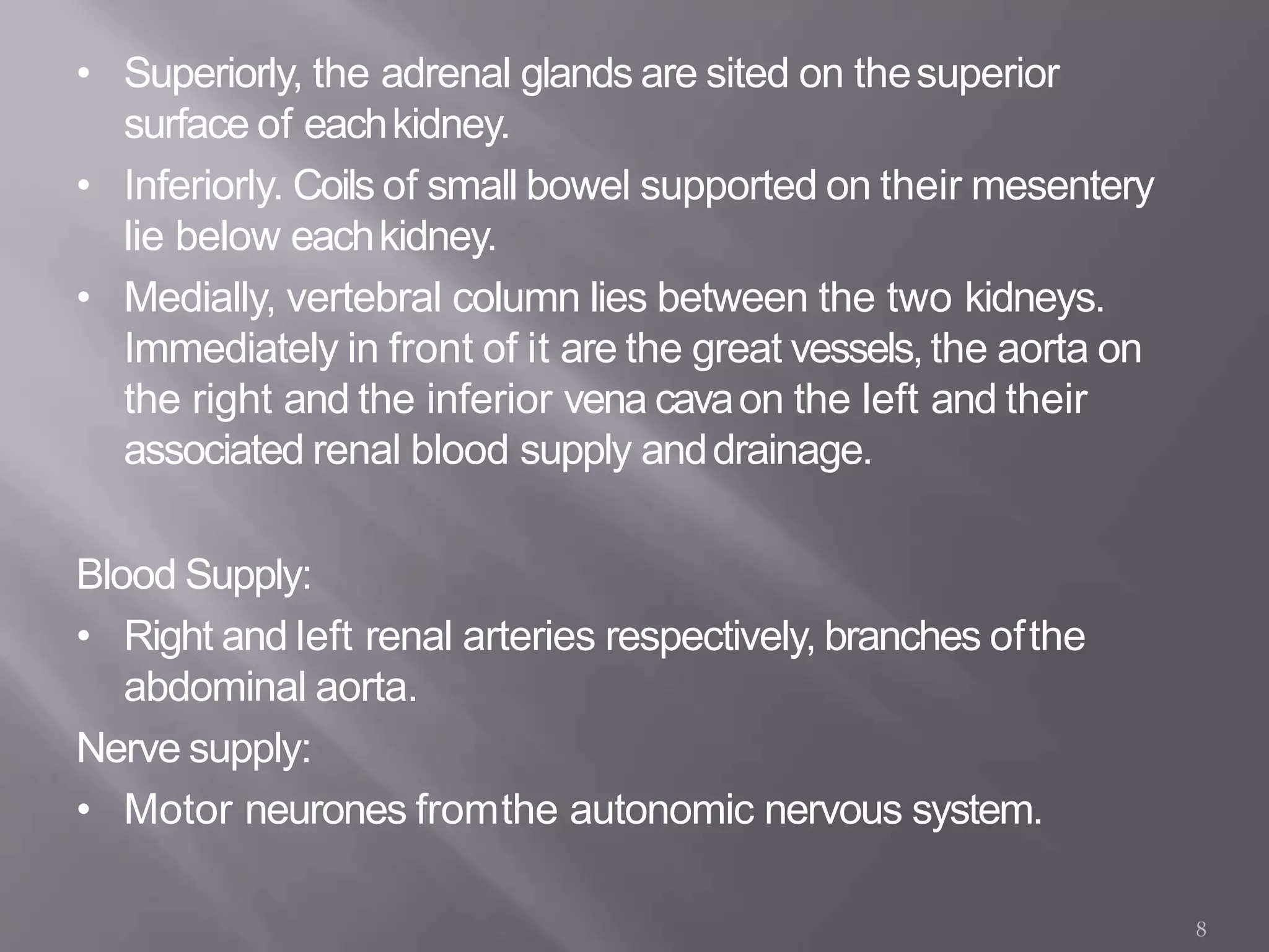 • Superiorly, the adrenal glands are sited on thesuperior
surface of eachkidney.
• Inferiorly. Coils of small bowel supported on their mesentery
lie below eachkidney.
• Medially, vertebral column lies between the two kidneys.
Immediately in front of it are the great vessels, the aorta on
the right and the inferior vena cavaon the left and their
associated renal blood supply anddrainage.
Blood Supply:
• Right and left renal arteries respectively, branches ofthe
abdominal aorta.
Nerve supply:
• Motor neurones fromthe autonomic nervous system.
8
 