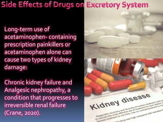 Long-term use of
acetaminophen- containing
prescription painkillers or
acetaminophen alone can
cause two types of kidney
damage:
Chronic kidney failure and
Analgesic nephropathy, a
condition that progresses to
irreversible renal failure
(Crane, 2020).
 