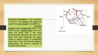 Coronary circulation is the circulation
of blood in the arteries and veins that
supply the heart muscle (myocardium).
Coronary
arteries supply oxygenated blood to the
heart muscle. Cardiac veins then drain
away the blood after it has been
deoxygenated. Because the rest of the
body, and most especially the brain,
needs a steady supply of oxygenated
blood that is free of all but the slightest
interruptions, the heart is required to
function continuously.
 