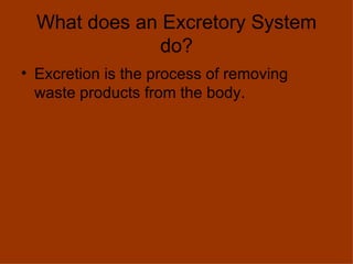 What does an Excretory System do? Excretion is the process of removing waste products from the body. 