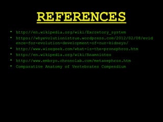 REFERENCES
• http://en.wikipedia.org/wiki/Excretory_system
• https://whyevolutionistrue.wordpress.com/2012/02/08/evid
ence-for-evolution-development-of-our-kidneys/
• http://www.wisegeek.com/what-is-the-pronephros.htm
• http://en.wikipedia.org/wiki/Anamniotes
• http://www.embryo.chronolab.com/metanephros.htm
• Comparative Anatomy of Vertebrates Compendium
 