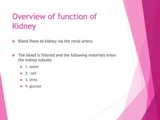 Overview of function of
Kidney
 Blood flows to kidney via the renal artery
 The blood is filtered and the following materials enter
the kidney tubules
 1. water
 2. salt
 3. Urea
 4. glucose
 