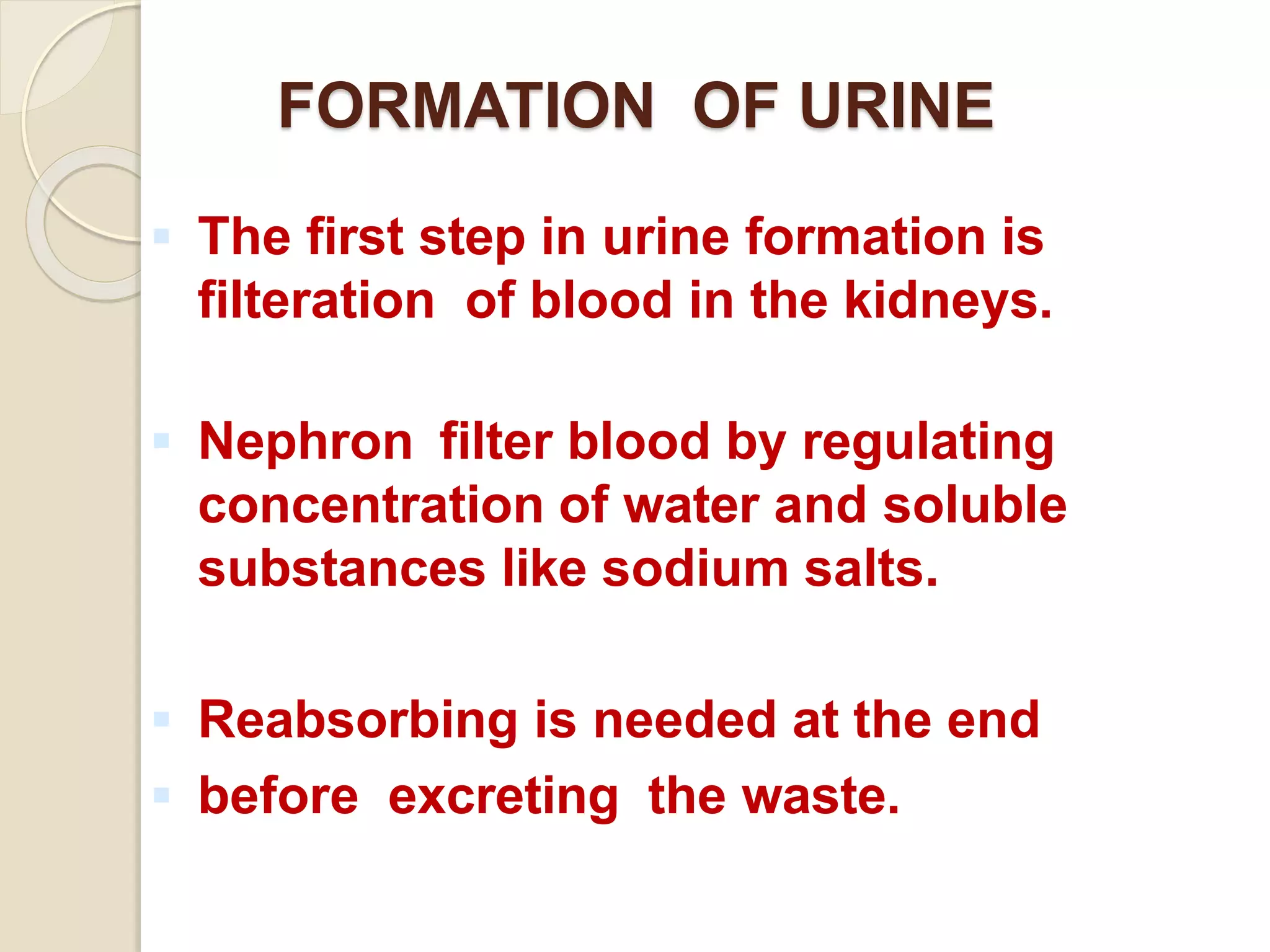 FORMATION OF URINE
 The first step in urine formation is
filteration of blood in the kidneys.
 Nephron filter blood by regulating
concentration of water and soluble
substances like sodium salts.
 Reabsorbing is needed at the end
 before excreting the waste.
 
