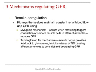 Copyright 2009, John Wiley & Sons, Inc.
3 Mechanisms regulating GFR
1. Renal autoregulation
 Kidneys themselves maintain constant renal blood flow
and GFR using
 Myogenic mechanism – occurs when stretching triggers
contraction of smooth muscle cells in afferent arterioles –
reduces GFR
 Tubuloglomerular mechanism – macula densa provides
feedback to glomerulus, inhibits release of NO causing
afferent arterioles to constrict and decreasing GFR
 