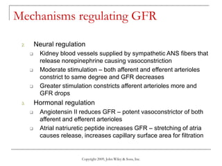 Copyright 2009, John Wiley & Sons, Inc.
Mechanisms regulating GFR
2. Neural regulation
 Kidney blood vessels supplied by sympathetic ANS fibers that
release norepinephrine causing vasoconstriction
 Moderate stimulation – both afferent and efferent arterioles
constrict to same degree and GFR decreases
 Greater stimulation constricts afferent arterioles more and
GFR drops
3. Hormonal regulation
 Angiotensin II reduces GFR – potent vasoconstrictor of both
afferent and efferent arterioles
 Atrial natriuretic peptide increases GFR – stretching of atria
causes release, increases capillary surface area for filtration
 