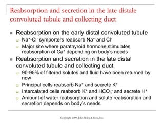 Copyright 2009, John Wiley & Sons, Inc.
Reabsorption and secretion in the late distale
convoluted tubule and collecting duct
 Reabsorption on the early distal convoluted tubule
 Na+-Cl- symporters reabsorb Na+ and Cl-
 Major site where parathyroid hormone stimulates
reabsorption of Ca+ depending on body’s needs
 Reabsorption and secretion in the late distal
convoluted tubule and collecting duct
 90-95% of filtered solutes and fluid have been returned by
now
 Principal cells reabsorb Na+ and secrete K+
 Intercalated cells reabsorb K+ and HCO3
- and secrete H+
 Amount of water reabsorption and solute reabsorption and
secretion depends on body’s needs
 