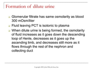 Copyright 2009, John Wiley & Sons, Inc.
Formation of dilute urine
 Glomerular filtrate has same osmolarity as blood
300 mOsm/liter
 Fluid leaving PCT is isotonic to plasma
 When dilute urine is being formed, the osmolarity
of fluid increases as it goes down the descending
loop of Henle, decreases as it goes up the
ascending limb, and decreases still more as it
flows through the rest of the nephron and
collecting duct
 