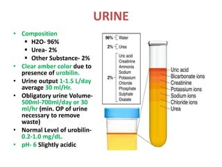 URINE
• Composition
 H2O- 96%
 Urea- 2%
 Other Substance- 2%
• Clear amber color due to
presence of urobilin.
• Urine output 1-1.5 L/day
average 30 ml/Hr.
• Obligatory urine Volume-
500ml-700ml/day or 30
ml/hr (min. OP of urine
necessary to remove
waste)
• Normal Level of urobilin-
0.2-1.0 mg/dL.
• pH- 6 Slightly acidic
 