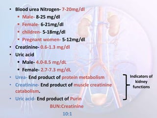 • Blood urea Nitrogen- 7-20mg/dl
 Male- 8-25 mg/dl
 Female- 6-21mg/dl
 children- 5-18mg/dl
 Pregnant women- 5-12mg/dl
• Creatinine- 0.6-1.3 mg/dl
• Uric acid
 Male- 4.0-8.5 mg/dL
 Female- 2.7-7.3 mg/dL
• Urea- End product of protein metabolism
• Creatinine- End product of muscle creatinine
catabolism.
• Uric acid- End product of Purin
BUN:Creatinine
10:1
Indicators of
kidney
functions
 