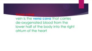 Vena cava
vein is the vena cava that carries
de-oxygenated blood from the
lower half of the body into the right
atrium of the heart.

 