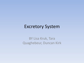 Excretory System
BY Lisa Kruk, Tara
Quaghebeur, Duncan Kirk
 