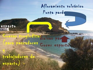 Afloramiento volcánico
Punta parda
Cuevas trogloditas
(para pescadores
y
trabajadores de
esparto)
Balsas para
Cocer esparto
esparto