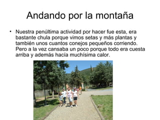 Andando por la montaña
• Nuestra penúltima actividad por hacer fue esta, era
  bastante chula porque vimos setas y más plantas y
  también unos cuantos conejos pequeños corriendo.
  Pero a la vez cansaba un poco porque todo era cuesta
  arriba y además hacía muchísima calor.
 