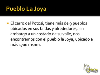  El cerro del Potosí, tiene más de 9 pueblos
ubicados en sus faldas y alrededores, sin
embargo a un costado de su valle, nos
encontramos con el pueblo la Joya, ubicado a
más 1700 msnm.
 