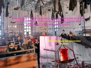 Les célèbres « salles de pendus » où les vêtements de travail sont accrochés en hauteur sur de longues cordes pour gagner de la place et pouvoir secher   Une prière pour les camarades absents 