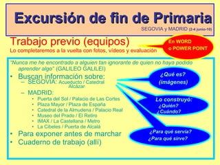 Trabajo previo (equipos) Lo completaremos a la vuelta con fotos, vídeos y evaluación “ Nunca me he encontrado a alguien tan ignorante de quien no haya podido aprender algo”   (GALILEO GALILEI) Buscan información sobre: SEGOVIA:  Acueducto / Catedral  Alcázar MADRID:  Puerta del Sol / Palacio de Las Cortes Plaza Mayor / Plaza de España Catedral de la Almudena / Palacio Real Museo del Prado / El Retiro IMAX / La Castellana / Metro La Cibeles / Puerta de Alcalá Para exponer antes de marchar Cuaderno de trabajo (allí) Excursión de fin de Primaria SEGOVIA y MADRID   (2-4 junio-10) ¿Qué es? (imágenes) Lo construyó: ¿Quién? ¿Cuándo? ¿Para qué servía? ¿Para qué sirve? En WORD o POWER POINT 