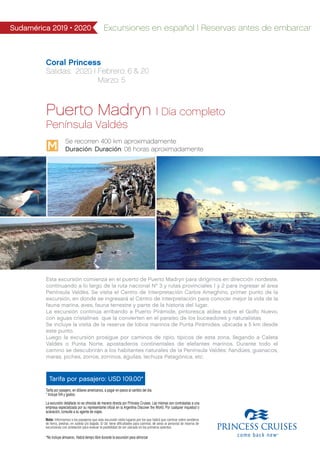 Coral Princess
Salidas: 2020 I Febrero: 6 & 20
Marzo: 5
Sudamérica 2019 • 2020 Excursiones en español | Reservas antes de embarcar
Tarifa por pasajero: USD 109.00*
Puerto Madryn | Día completo
Península Valdés
Se recorren 400 km aproximadamente
Duración: Duración: 08 horas aproximadamente
Esta excursión comienza en el puerto de Puerto Madryn para dirigirnos en dirección nordeste,
continuando a lo largo de la ruta nacional Nº 3 y rutas provinciales 1 y 2 para ingresar al área
Península Valdés. Se visita el Centro de Interpretación Carlos Ameghino, primer punto de la
excursión, en donde se ingresará al Centro de Interpretación para conocer mejor la vida de la
fauna marina, aves, fauna terrestre y parte de la historia del lugar.
La excursión continúa arribando a Puerto Pirámide, pintoresca aldea sobre el Golfo Nuevo,
con aguas cristalinas que la convierten en el paraíso de los buceadores y naturalistas.
Se incluye la visita de la reserva de lobos marinos de Punta Pirámides, ubicada a 5 km desde
este punto.
Luego la excursión prosigue por caminos de ripio, típicos de esta zona, llegando a Caleta
Valdés o Punta Norte, apostaderos continentales de elefantes marinos. Durante todo el
camino se descubrirán a los habitantes naturales de la Península Valdés: ñandúes, guanacos,
maras, piches, zorros, zorrinos, águilas, lechuza Patagónica, etc.
Tarifa por pasajero, en dólares americanos, a pagar en pesos al cambio del día.
* Incluye IVA y gastos.
La excursión detallada no es ofrecida de manera directa por Princess Cruises. Las mismas son contratadas a una
empresa especializada por su representante oficial en la Argentina Discover the World. Por cualquier inquietud o
aclaración, consulte a su agente de viajes.
Nota: Informamos a los pasajeros que esta excursión visita lugares por los que habrá que caminar sobre senderos
de tierra, piedras, en subida y/o bajada. Si Ud. tiene dificultades para caminar, dé aviso al personal de reserva de
excursiones con antelación para evaluar la posibilidad de ser ubicado en los primeros asientos.
*No incluye almuerzo. Habrá tiempo libre durante la excursión para almorzar
M
 