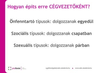 Hogyan építs erre CÉGVEZETŐKÉNT?
Önfenntartó típusok: dolgozzanak egyedül

Szociális típusok: dolgozzanak csapatban
Szexuális típusok: dolgozzanak párban

 