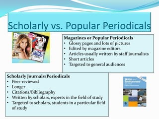 Scholarly vs. Popular Periodicals
                               Magazines or Popular Periodicals
                               • Glossy pages and lots of pictures
                               • Edited by magazine editors
                               • Articles usually written by staff journalists
                               • Short articles
                               • Targeted to general audiences

Scholarly Journals/Periodicals
• Peer-reviewed
• Longer
• Citations/Bibliography
• Written by scholars, experts in the field of study
• Targeted to scholars, students in a particular field
  of study
 
